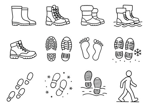 Line art boots and footprints set featuring various types of footwear, sole patterns, and walking traces for outdoor activities and seasonal concepts