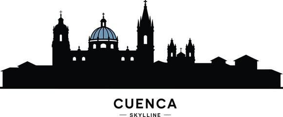 Naklejka premium Cuenca ecuador skyline vector city silhouette illustration panoramic architecture landmark drawing cathedral
