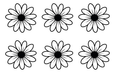 Hand drawn line art floral elements set featuring six identical daisy outlines for nature-themed designs