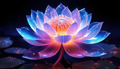 Sierkussen Meisjeskamer Vibrant, glowing lotus flower with neon hues on dark water  © ari