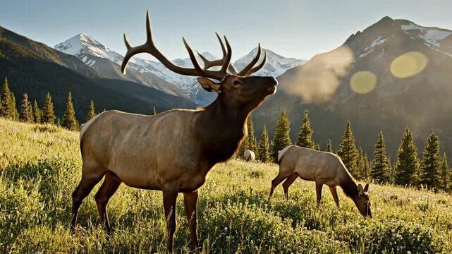 Majestic elk with large antlers bugling in a vibrant meadow with snow-capped mountain backdrop during golden hour