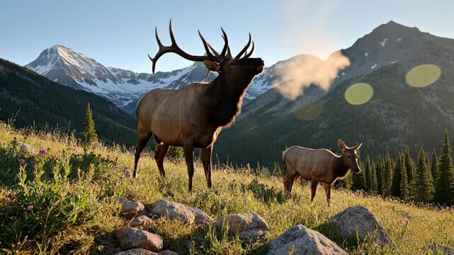 Majestic bull elk bugling with dramatic mountain landscape, wildlife in natural habitat, autumn rutting season, call