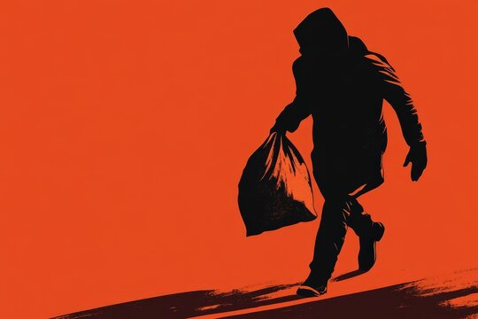 Silhouette of a person running with a bag against a vibrant background.