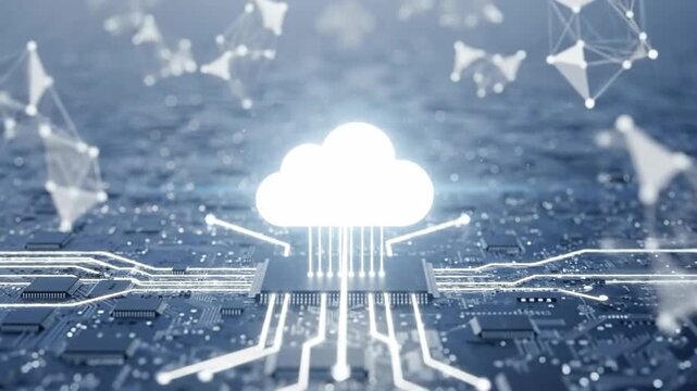 Cloud comg concept with circuit board and network connections, symbolizing data transfer.