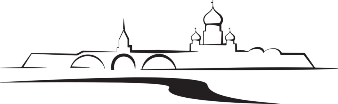 Outline of ancient russian kremlin towers and bridge over river for cityscape design
