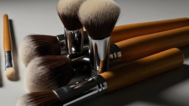 Elegant makeup brushes with wooden handles arranged on a clean surface, showcasing beauty.