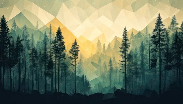 Geometric forest with trees and a polygon mountain backdrop