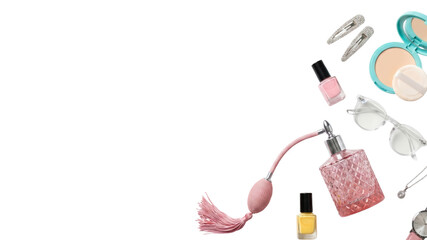 Beauty essentials: perfume, makeup, nail polish, sunglasses and hair clips on white background
