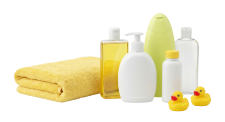 Baby Bath Time Essentials: Yellow Towel, Soap, Shampoo, Rubber Ducks