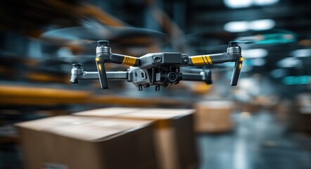 Logistics Drone Flying Over Warehouse Boxes, Ideal for e-commerce visuals, supply chain reports, tech campaigns, or logistics presentations.