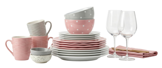 Pink and Grey Dinnerware Set with Wine Glasses and Napkins