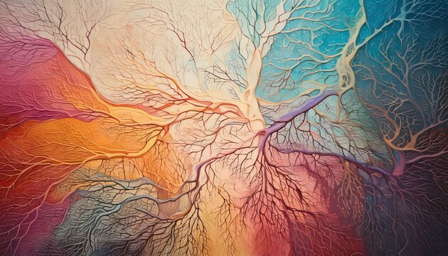 Vivid abstract artwork of a network of tree-like lines in a spectrum of colors