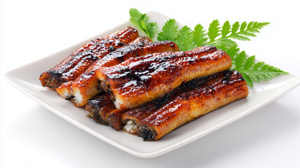 白皿に盛り付けられた艶やかなタレが食欲をそそる日本の伝統料理うなぎの蒲焼