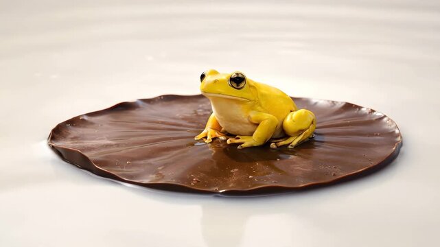 Surreal yellow frog resting on a chocolate lily pad floating on milk