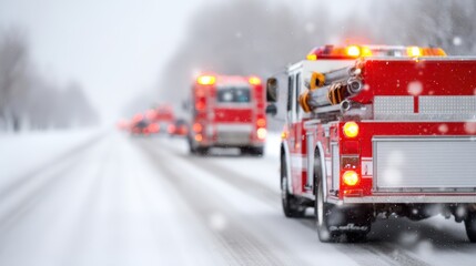 Emergency response vehicles on a snowy road, fire trucks with flashing lights ready for action during winter weather conditions