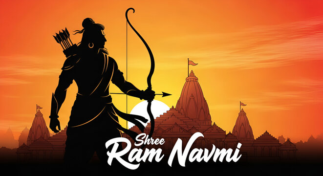 Shree Ram Navami, vector Illustration, silhouette of Lord Ram bow arrow and Ayodhya Ram temple background