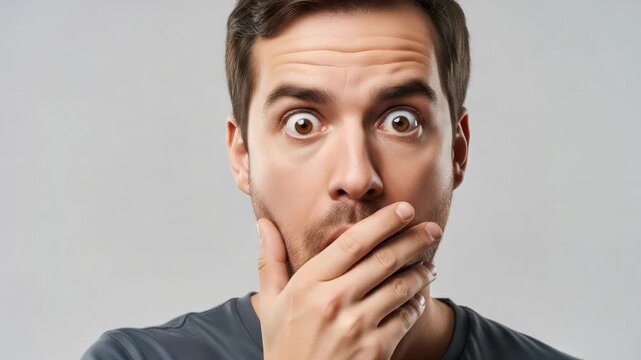 Shocked Man Covers Mouth in Disbelief, Wide Eyes, Grey Background