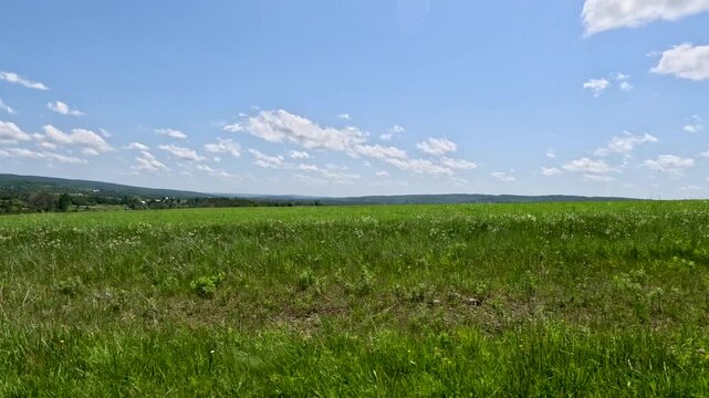 Rural Farmland with Barn and Green Fields in Northern Michigan, USA. Scenic views driving through farmland with lush green rolling hills and meadows under a bright blue summer sky.