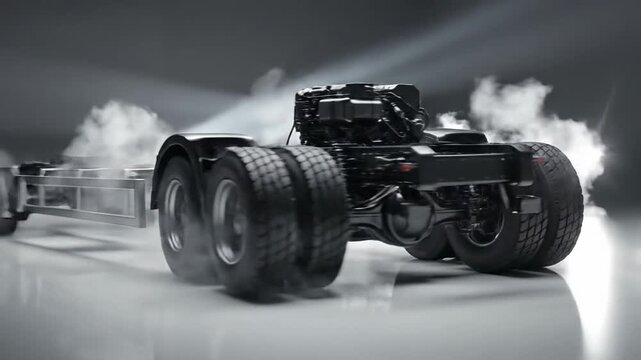 Truck chassis with engine and wheels isolated on a clean background, ready for transport.