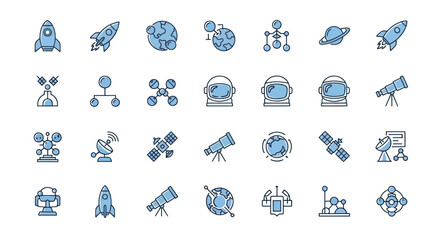 Fototapeta premium Icon set of space elements featuring rockets planets and satellites