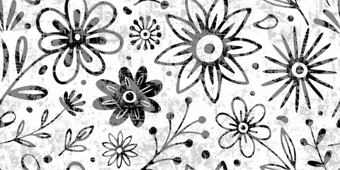 Hand outline drawing flowers, seamless pattern, vector background