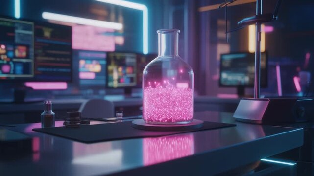 A futuristic laboratory with a glowing pink substance.