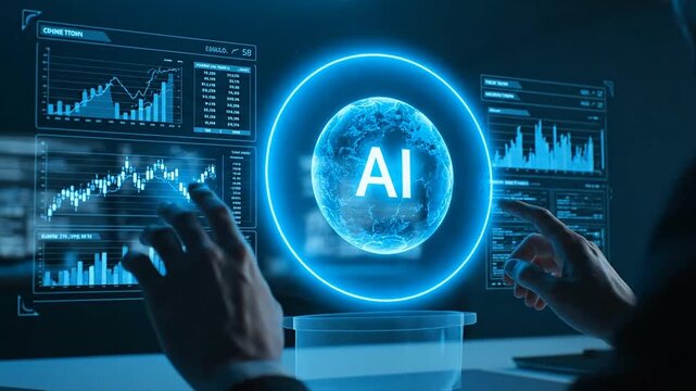 Gloved hands hover over a luminous blue AI circle on a futuristic computer interface, surrounded by dynamic blue‑white graphs and charts, viewed from a front‑angle in a dark high‑tech lab