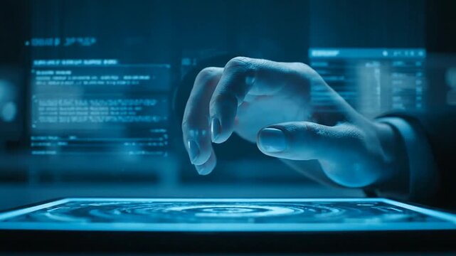 A hovering hand interacts with a sleek tablet display, surrounded by floating digital interfaces and blue‑tinted futuristic screens, captured from a close‑up perspective in a high‑tech environment
