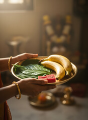 Woman Holding Traditional Hindu Offering Tray