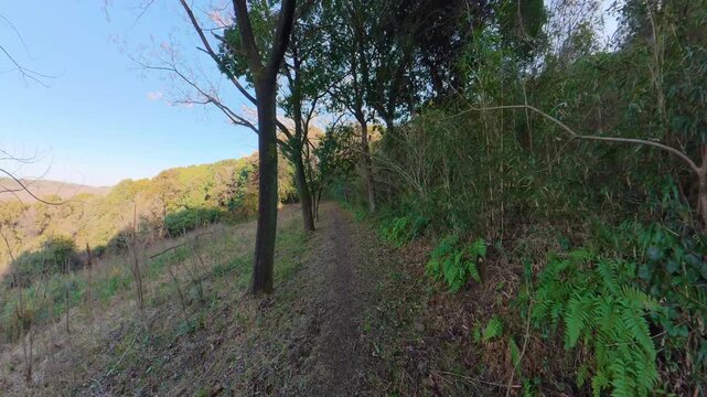 Walking across a mountain slope, side-view movement