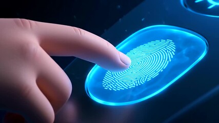 A human finger presses a glowing blue biometric scanner, revealing a digital fingerprint pattern for secure Biometric Identity Verification, symbolizing advanced technology and data security. - Powered by Adobe