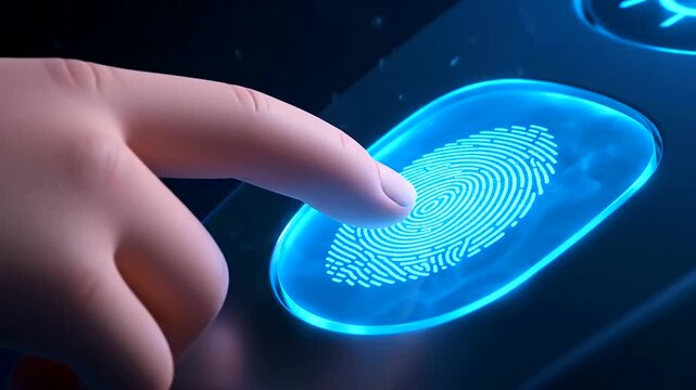 A human finger presses a glowing blue biometric scanner, revealing a digital fingerprint pattern for secure Biometric Identity Verification, symbolizing advanced technology and data security.