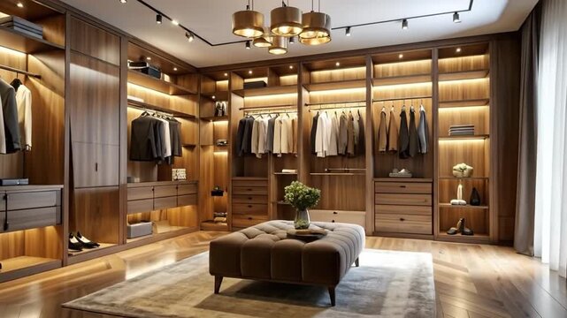 Elegant walk-in closet with wooden cabinets, shelves, and soft lighting creating a luxurious dressing space.