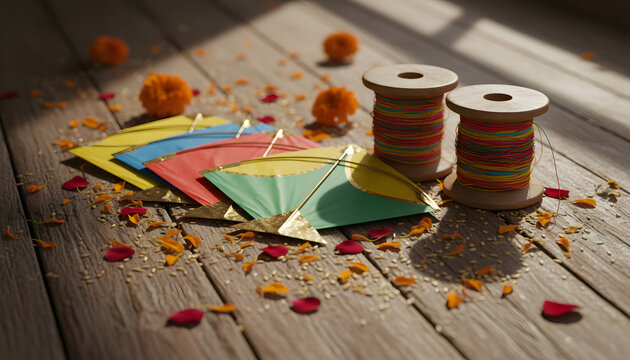 Vibrant Kites and Colorful Thread Spools on a Rustic Wooden Floor