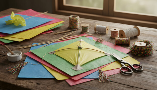 Traditional kite making materials on a rustic wooden table