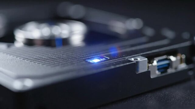 Close-up of a hard disk drive with a glowing blue power indicator and connection ports, showcasing data storage technology