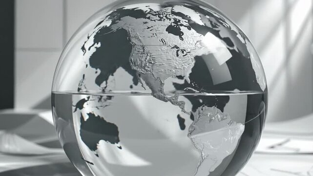 Monochromatic glass globe with water inside, showcasing continents and oceans in a minimalist setting.