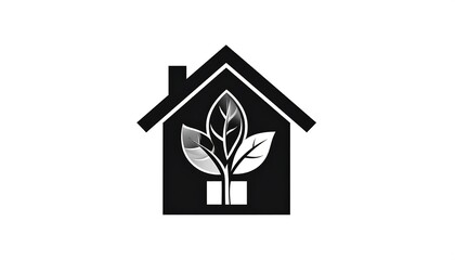Minimalist monochrome house icon with a stylized plant inside