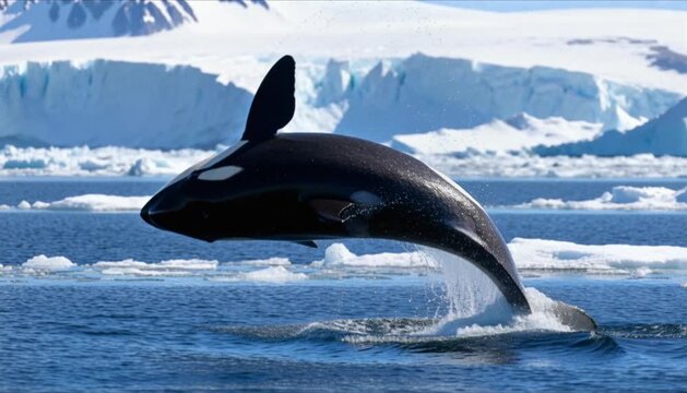 Majestic orca rising to surface in icy polar waters with dorsal fin and icebergs for world whale day and corporate business sustainability background