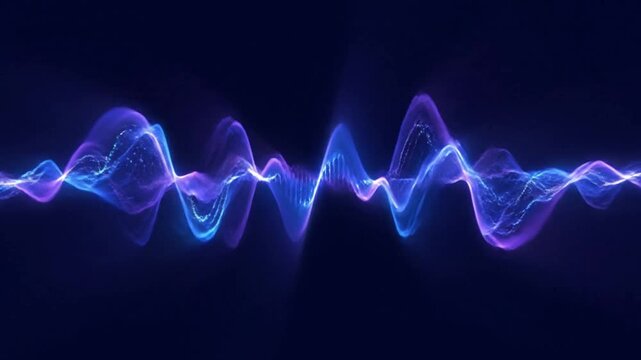 Glowing blue and purple waveform on a dark background with a shallow depth of field and vibrant colors conveying a technological mood.