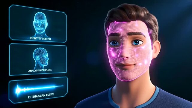 Secure Digital Access: Animated Character Undergoes Biometric Identity Verification with Advanced Facial and Retina Scanning Technology