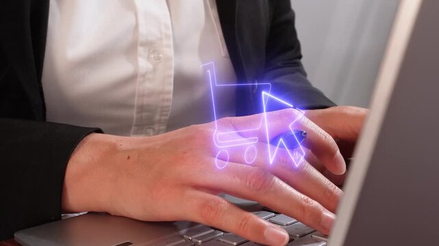 person working on computer with online shopping icons