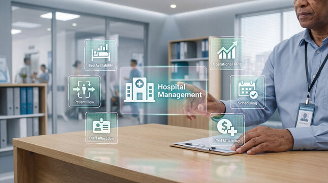 Hospital administrator interacting with digital dashboard showing healthcare icons including operational KPIs, scheduling and bed availability. Concept of smart hospital management system