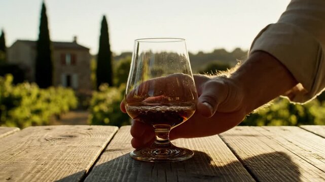 Pouring amber liquid into a brandy glass on a wooden table outdoors with a scenic background