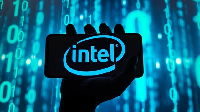 Silhouette of a hand holding a smartphone displaying the glowing blue intel logo against a background of digital binary code data stream