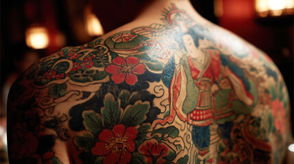 Intricate Colorful Tattoo Design on Back Showcasing Floral and Mythical Elements in Soft Lighting