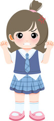 Obraz premium A young girl with brown hair and blue dress is standing with hands raised in a surprised gesture.
