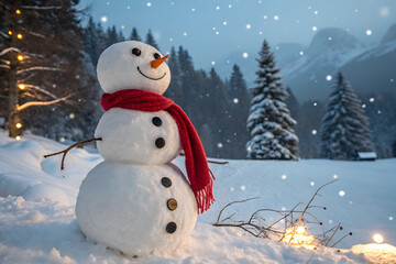 Obraz premium Cute snowman with red scarf in snowy winter landscape with twinkling lights holiday