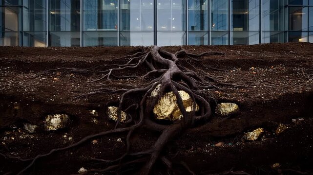 Underground root gold stone urban landscape tree root system soil cross section office glass building nature wealth connection concept architecture contrast city geology underground root system