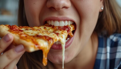 Delicious bite of pizza: A close-up shot of a person taking a bite out of a cheesy pizza slice, with stringy melted cheese and tomato sauce, showcasing the joy of indulgence and satisfaction.